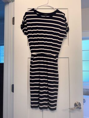 Banana Republic Navy and White Striped Elastic-Waist Dress with pockets